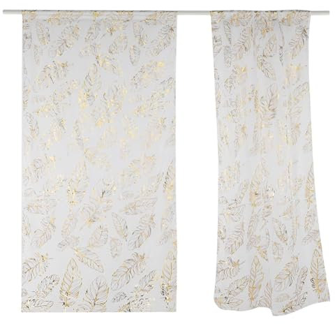 Beufee 2 Stück Federdruck-Gardinen, weiße Gardinen, dekorative Tüllfenster, Voile-Paneele, Heißprägevorhänge für Schlafzimmer, Wohnzimmer(Gold)