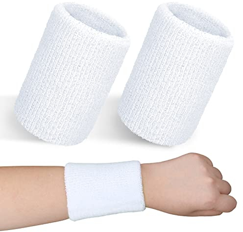 PROUSKY White Schweissband Handgelenk, 2 Stück elastische Baumwoll-Sport-Armbänder für Männer und Frauen, absorbierende Schwarze Sport-Armbänder für Basketball, Baseball, Fußball, Tennis, (8x10cm)