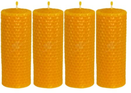 Bienenwachs Stumpenkerzen mit Wabenmuster (4 Stück) aus reinem Bienenwachs | 19 x 5 cm | | Plastikfrei | Angenehmer Bienenwachs Duft | Handgerollt | Made in Germany