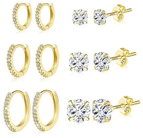Boucles d'oreilles en or pour femmes, petites créoles en or AAA+ diamant zircon Mini Boucles d'oreilles, 6 paires en or véritable 14K hypoallergénique 925 cartilage Huggie Créoles Boucles d'oreilles