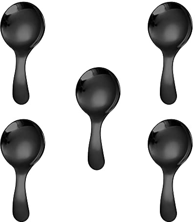 5PCS Short Handle Spoon, Stainless Steel Mini Spoons Thickened Small Round Spoon For Salt Condiments Dessert Tea Coffee (Black)