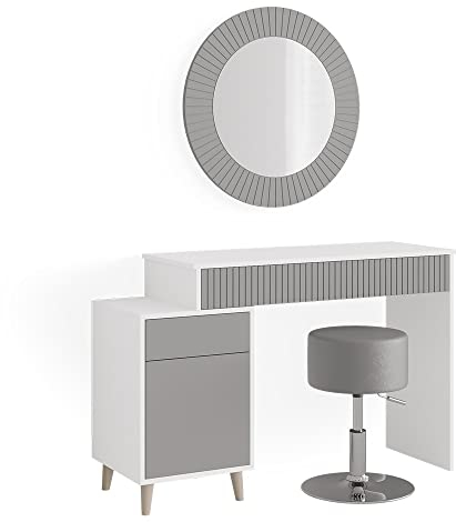 Vicco Schminktisch Arles, Kosmetiktisch mit Spiegel, Grau/Weiß, 120 cm mit Hocker