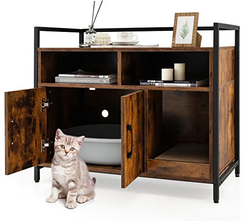 COSTWAY Mobile per Lettiera Gatti con Ripiani Aperti e Ripiani Chiusi con Maniglie, Mobiletto Multiuso per Ingresso e Soggiorno, 82,5 x 51 x 51 cm, Portata 50 kg (Marrone)