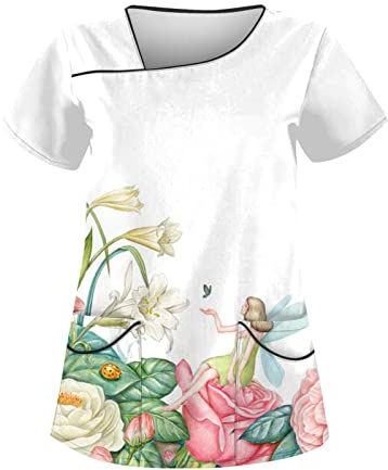 Saymany Kasack Damen Berufskleidung Krankenpfleger Kleidung Altenpflege Damen Kasak Mit Motiv Pflege Nurse Uniformen (2-White, XL)