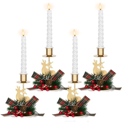Sziqiqi Kerzenhalter Kerzenständer für Weihnachten Tischdeko, Rentier Kerzenständer Stabkerzen Gold Metall, Stabkerzenhalter Kerzenleuchter Moderne Mittelstücke Dekoration für Mantel Kamin, 4 Stück