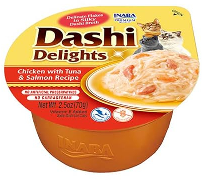 INABA Dashi Delights, Delicati Fiocchi in Brodo di Pollo con Tonno e Salmone - Cibo Umido per Gatti con Brodo Dashi - Snack Ricco di Proteine, Ingredienti Naturali - Pasto Complementare - 1 x 70gr