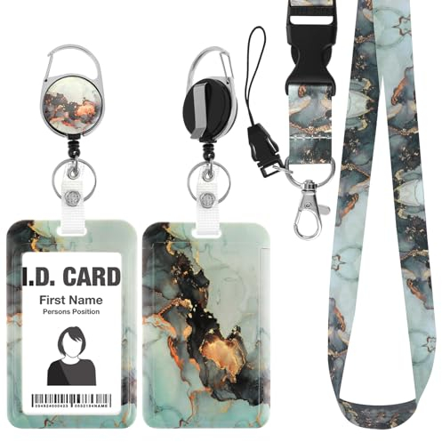 Amabro Marmor Ausweishalter Lanyard Set, Kunststoff Einziehbarer Ausweishalter Mit Abreißbarem Schlüsselband, Vertikaler Kartenschutz (Schwarzes Gold)