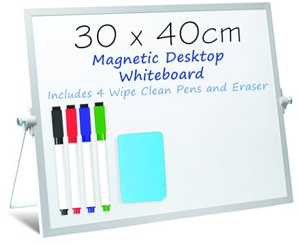 Fridge Magic Magnetisches, trocken abwischbares Whiteboard im A3-Format für den Schreibtisch oder zu Hause – 42 x 30 cm – inklusive 4 leicht zu reinigenden Stiften und Radiergummi – doppelseitige pers