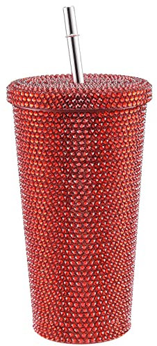 Bling Water Bottle Rhinestone Thermal Cup,Glitter Cup with Lid and Straw,Stainless Steel Rhinestone Tumbler Water Bottle,Glitter Coffee Cups (Red)