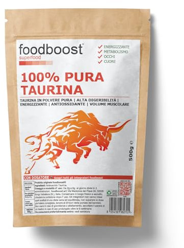 Taurina pura in polvere 500 g foodboost - Ø additivi, dosatore - ipertrofia muscolare - libido - vista, marchio di fiducia italiano, integratore taurina pre workout/post workout - 500 DOSI