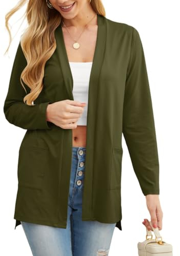 PrinStory Cardigans For Women Lightweight Long Sleeve Ladies Cardigans With Pocketcausal Open Front V Neck Outerwear UK 14-16 (Army Green, L)
