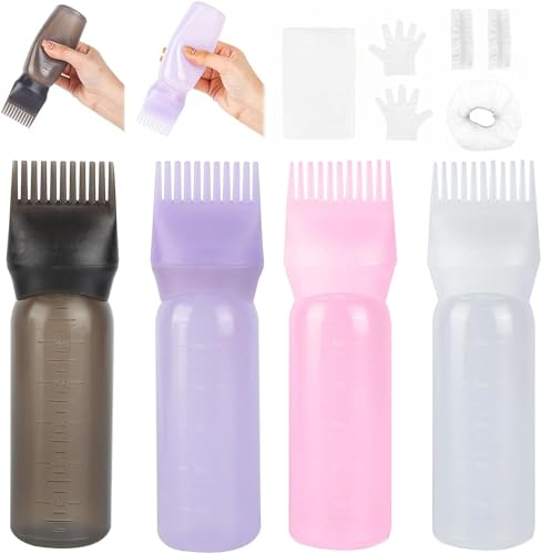 RVLZKCPG 4 Pcs Hair Oil Applicator Bottle, 160ml Root Comb Applicator Bottle, Reusable Hair Dye Brush Bottle, Scalp Oil Applicator with Graduated Scale for Hairdressing Colouring