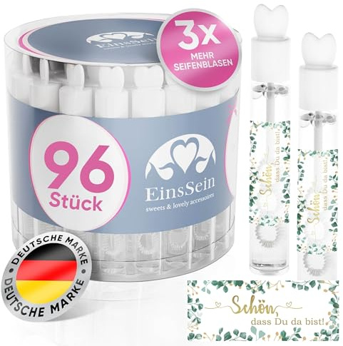 EinsSein Herz-Seifenblasen 96 Stk. | Lovegläschen mit Aufkleber „Schön, dass Du da bist“ gold-grün | Gastgeschenke & Deko für Hochzeit, Standesamt, Kirche & Taufe