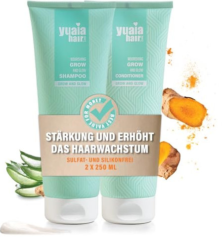 Yuaia Haircare Grow and Glow stärkende Shampoo & Haarspülung | Mit Capilia Longa- und Amaranthus Caudatus-Samen-Wirkstoff für kräftigeres und voluminöseres Haar | Sulfat- und silikonfrei, 2 x 250 ml