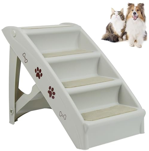 FIVMEN Faltbare Haustiertreppe für Hunde 4 Stufen Katzentreppe mit rutschfeste Filz Matte Hundetreppe Kunststoff Tragbare Haustiere Treppen für Bett Sofa Auto Hunderampe für 75KG Hunde/Katze (Grau)