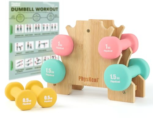 PhysKcal Kurzhantel Set mit Bambusständer | 2 x 0,5kg, 2 x 1kg, 2 x 1,5kg | Hanteln für Kinder & Frauen