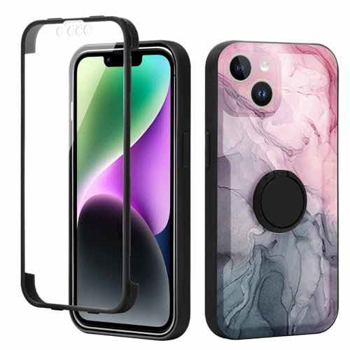Yoedge Kickstand Phone Case for iPhone 14 Plus 6.7, 360°Rotatable Magnetic Ring Holder Cases,Full Body Shockproof Silicone TPU Back Cover with Built-in Screen Protector, Grey Marble