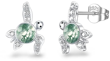 Schildkröte Ohrringe 925 Sterling Silber Moosachat Ohrstecker Hypoallergen Meeresschildkröte Ohrring mit Moosachat Meeres Tier Schmuck für Damen Mädchen Kinder