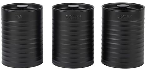 Russell Hobbs RH03268EU7 Ribbed 3-Piece Canister Set – Set of 3 Kitchen Storage Canisters for Tea, Coffee and Sugar, Durable Powder-Coated Steel, Pull Top Lids, Easy to Clean, Ribbed Design, Black