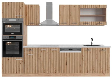 Vicco Küchenzeile R-Line, Artisan-Eiche/Goldkraft Eiche, 300 cm mit Hochschrank, AP Marmor, zur individuellen Erweiterung durch kompatible Zusatzmodule