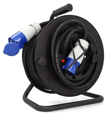 cartrend Explorer CEE Kabeltrommel mit 1 CEE-Stecker und 1 CEE-Kupplung, Verlängerungsleitung für dauerhafte Nutzung beim Camping und im Outdoorbereich, mit Feststellbremse, IP44, 25m, schwarz