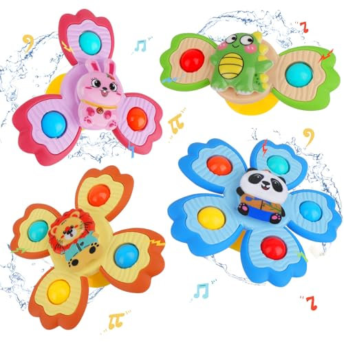 Joollurm 4Pcs Suction Cup Spinner Toys, Spinners for Babies with Silicone, Bath Toys for Baby Airplane Car Travel Table & Window 3 Year Old Baby Travel Essentials Birthday Gifts for Tod
