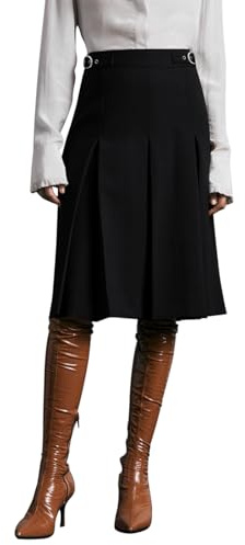 REORIA Women High Waist Midi Skirt Elegant Solid Color Knee Length Skirt Thick Pleated Skirt