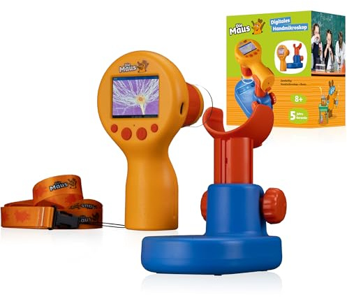 DieMaus Abenteuer Mikroskop für Kinder ab 6 Jahre 600x mit Bildschirm | Tragbares Outdoormikroskop, 6 Zoomstufen, Fotos und HD Videos, Dimmbare LED, Tischbasis, 5 Präparate, Tasche, USB C