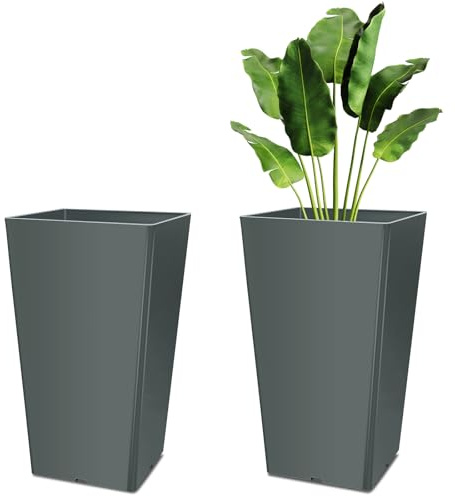 Briwooody Set of 2 16 Inch Large Taper Planters Outdoor Indoor Tall Resin Flower Pots with Drainage Holes Modern for Front Porch Patio Backyard Plants(Gray)