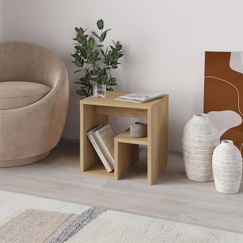 HOCUS PICUS Square End Table G-Shape Side Table Open Shelf Storage, Oak | Living Room Bedroom, Coffee Sofa Table Chipboard, 40x40cm