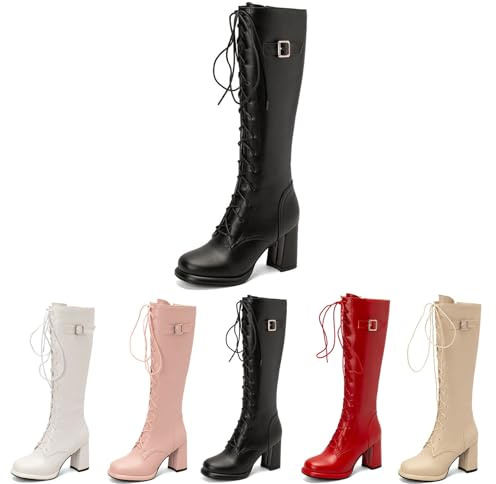 MEECHI Bottines Gothiques À Lacets Et Talon Bloc for Femme Boots À Tige Longue À Bout Carré avec Boucle Bottes De Chevalier en Cuir PU Talons Hauts Élégants De 8 Cm Chaussures De Motard