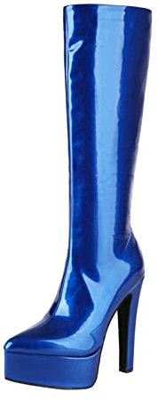 Stivali sopra il ginocchio, da donna, spessi, elasticizzati, sexy, con tacco alto, con tacco alto, in pelle PU, con tacco alto, elegante, Blu, 38 EU