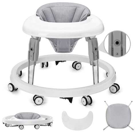 Baby Lauflernhilfe, One-Touch Folding Baby Walker, Lauflernwagen Anti-Roll 8-Rad-Rundfahrwerk, 7-Gang höhenverstellbar, Anti-Collision mit Bremse für von 6-18M (Grau)