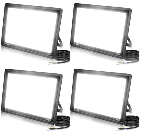 Jefedana 400W LED Außenstrahler, 40000LM 6000K IP66, 4er-Pack | 40000LM superhell, 6000K Kaltweiß, IP66 wasserdicht, Alu-Gehäuse, 50000h, 80% sparend, für Garten/Garage/Hotel/Sportplatz