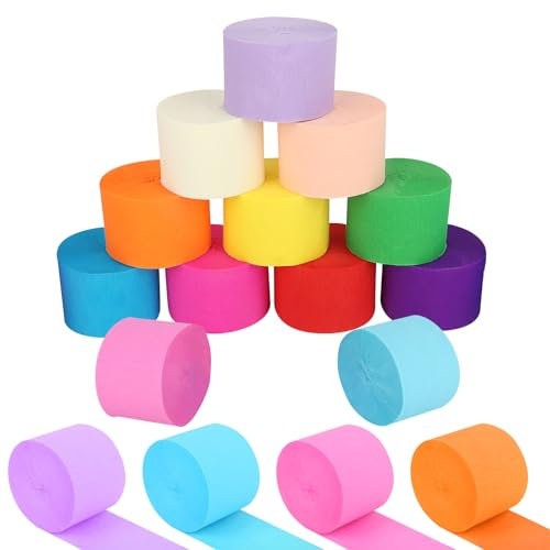 KILDOWS 12 Rollos Papel Crepé Colores, 4.5cm x 25m Serpentinas de Papel Crepé Arcoíris Cinta Decorativa Multicolor para Bricolaje Decoración de Cumpleaños Fiestas Bodas