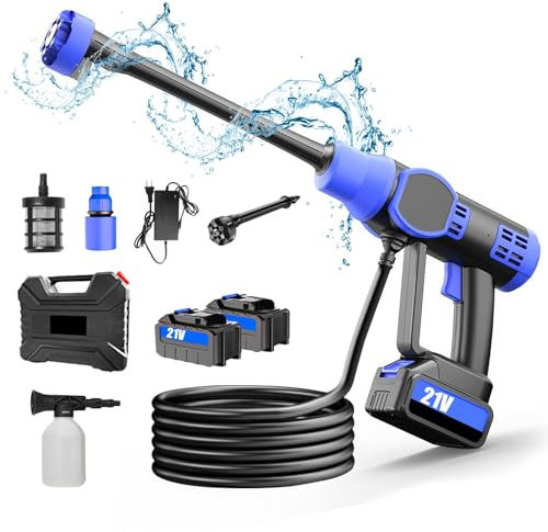 Nettoyeur Haute Pression sans Fil, 200Bar Nettoyeur Haute Pression avec 2*30000mah Batteries, Buse 6 en 1, Tuyau de 5M, Pistolet Haute Pression Portable pour Voiture, Terrasse, Fenêtre, Pelouse, Pet