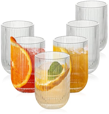 Ausune 6pcs 410ml Ribbed Highball Glasses Tall Hi Ball Glass Water Gin Juice Cocktail Drinking Glassware Origami Style Fluted Ripple Beverage Tumblers Set, Ideal for Home, Restaurant, Events & Parti