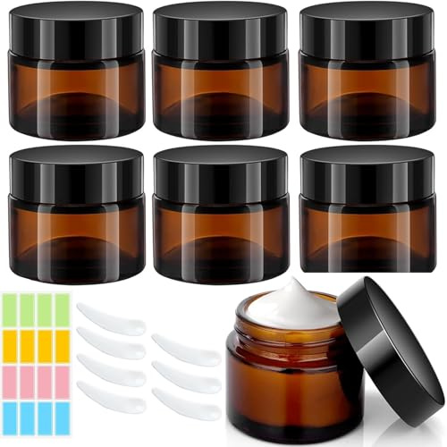 CafullCon 100ml Amber Glass Jars, 6Pack Empty Round Cosmetic Jars with Lids und Inner Liners, Face Cream Storage Containers, Travel Pots with Spatula and Labels for Toiletries, Lotion, Powder, Creams