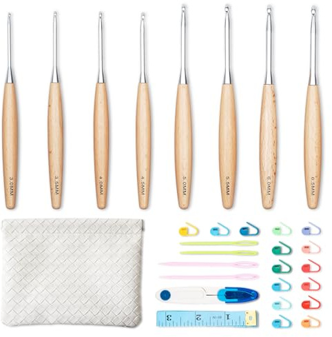 Ruidi Häkelnadel Set, 8 ergonomische Häkelnadel (3,0–6,5 mm), Häkelset für Anfänger, Komplettes Häkelset mit Häkeltasche & Zubehör, Häkelnadeln ideal für Arthrose & schwitzige Hände