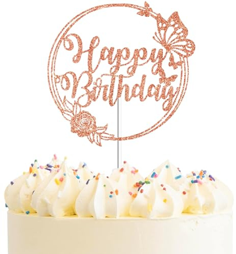 Rose Gold Glitter Butterfly Cake Decoration, Happy Birthday Cake Decor for Girls, Weddings, Anniversaries, or Baby Showers