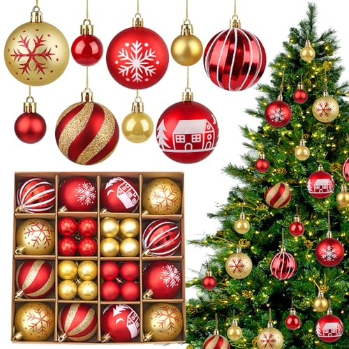 44 Stück Weihnachtskugeln Rot Gold Set, 3cm & 6cm Christbaumkugeln Kunststoff, Christmas Baubles, Bruchsichere Kunststoff Deko Kugeln für Weihnachtsbaum & Festliche Deko (Rot und Gold)