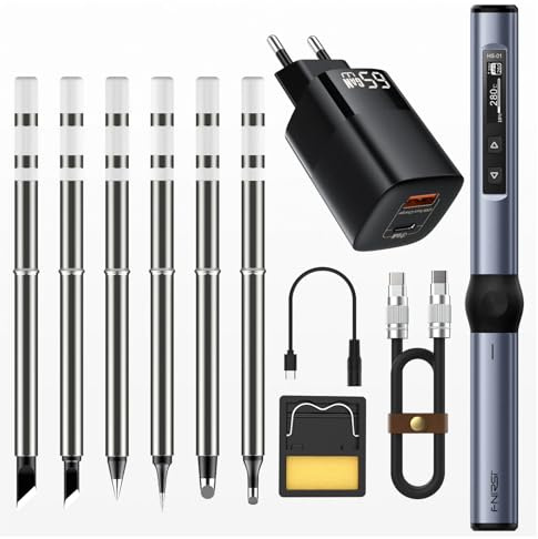 HS-01 Smart Electric Soldering Iron/Base Set + 5 Soldering Tips + Power Supply + C2C Cable/Blue