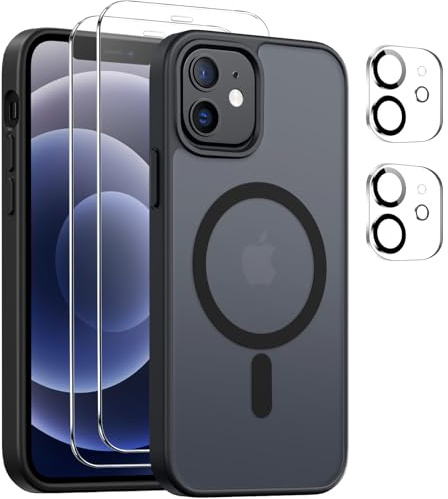 Czyoa Coque Magnétique pour iPhone 12 avec 2 Pièces Verre Trempé Protection Écran + 2 Protections pour caméras, Anti-Rayures, Anti-Dérapante, Etui de Noir TPU Protection