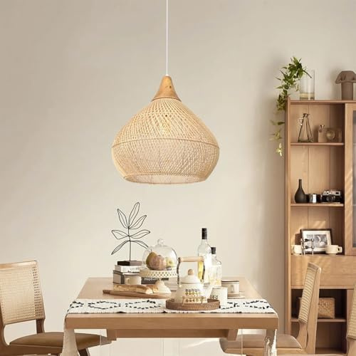 COOINJOY Hängelampe Rattan Pendelleuchte Esstisch Boho Style Vintage Hängeleuchte Geflochten E27 Deckenlampe Rattan für Schlafzimmer Wohnzimmer Esszimmer(Ø40cm)