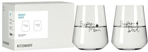 RITZENHOFF 8174004 Wasserglas 500 ml, 2er Set – Sprüche – mit Super Mom & Dad Typografie – Made in Germany