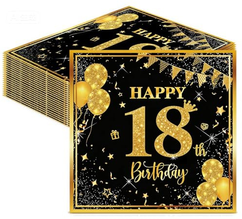 LumenPoles 40 Stück Servietten 18 Geburtstag, Schwarz Gold Papierservietten, 33 x 33cm Happy Birthday Servietten, Geburtstagsservietten für 18. Geburtstag Mann Frau, Tischdeko zum 18. Geburtstag