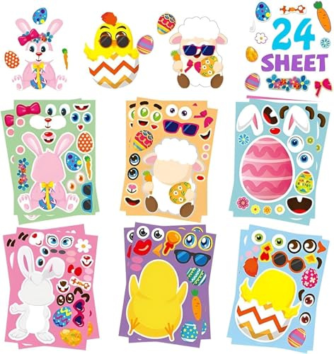 24 Blatt Aufkleber Ostern DIY Gespleißte Sticker Ostern Kaninchen Osterei Schaf Küken Ostersticker Osteraufkleber Easter Stickers für Osterkorb-Füllungen, Oster Geschenkbox Grußkarte