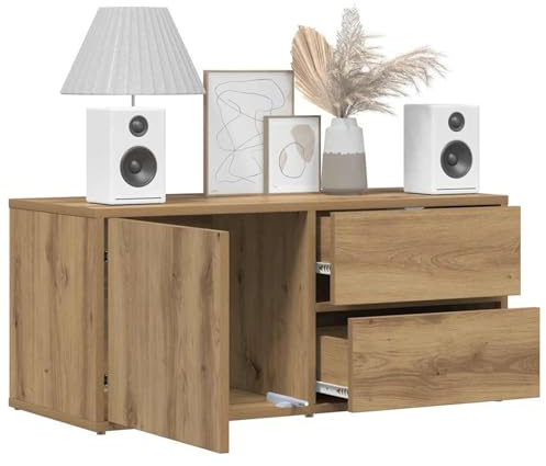 Mengtu A storage TV cabinet with modern style and space saving design, 2 drawers 1 door for hidden storage, 80x34x35.5 cm engineered wood in artisan oak finish for living room or bedroom