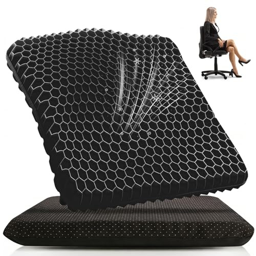 Shyllin Großes Gel Sitzkissen, Kühlend, Dick, Atmungsaktives Stuhlkissen, Ergonomische Sitzauflage, in der Hüfte und im Bereich des Ischiasnervs,Für Autositz, Stuhl, Rollstuhl,43 x 39 x 4 cm (Schwarz)