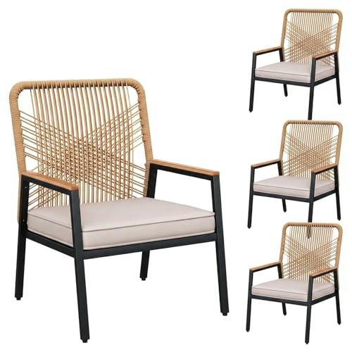 LIFERUN Gartenstuhl Rattan 4er Set, Terrassenstühle, Balkonstühle Metall | mit 8 cm Sitzkissen, Max 160 kg, WPC Armrest, witterungsbeständig, PE Rattan, für Terrasse Garten Balkon, Beige, 4PCS